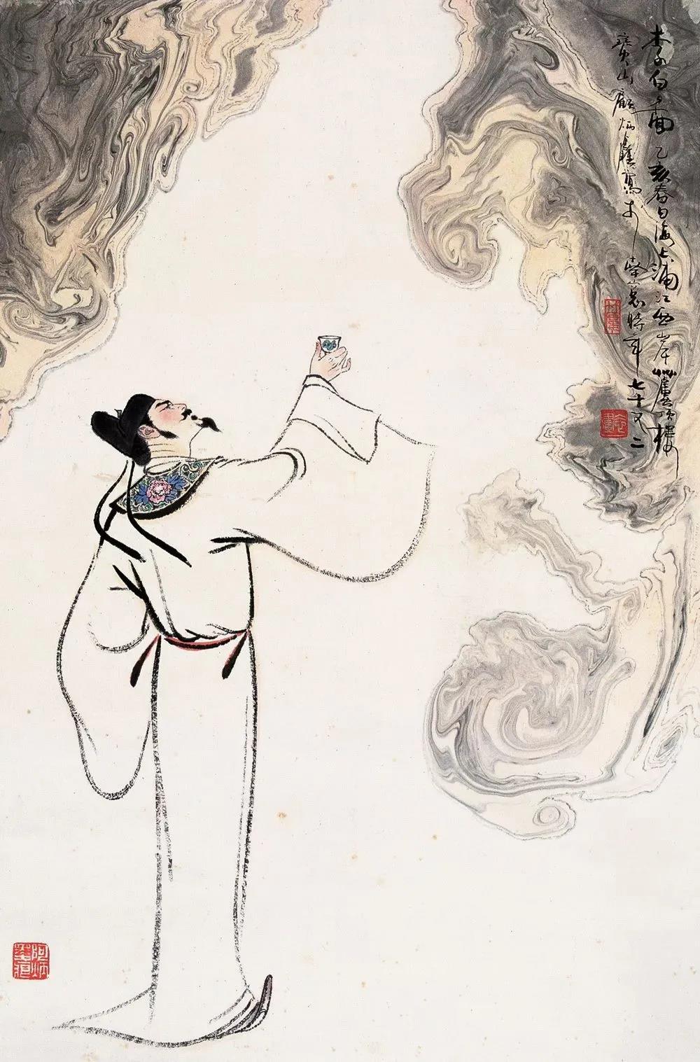 ▲“詩仙”李白勸自己喝酒：“舉杯邀明月，對(duì)飲成三人”。（圖片來源：三聯(lián)生活周刊）